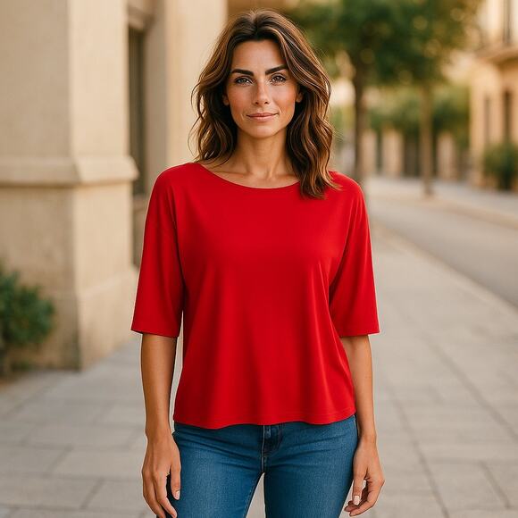 Chico's Womens Tunic Top Sz 1 8 M Red Dropped Shoulder Solid Knit - Picture 2 of 7